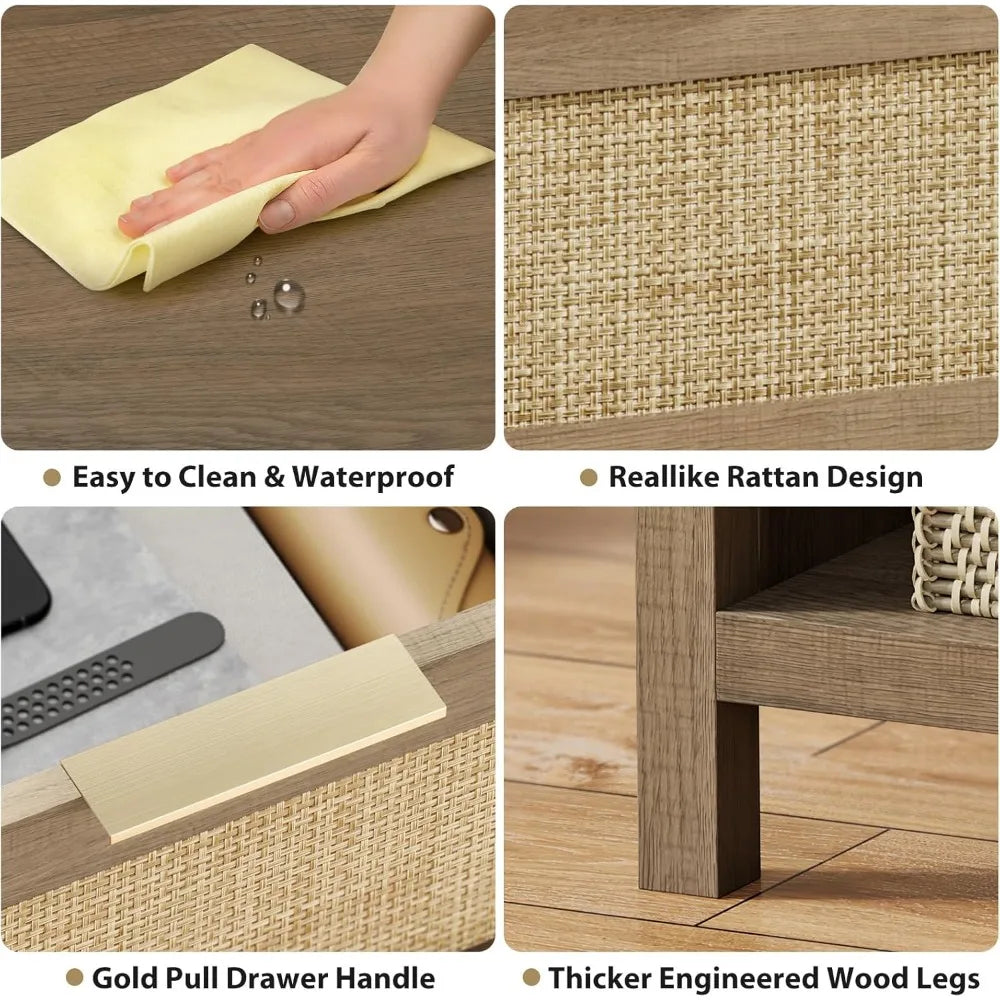 Boho farmhouse rattan nightstand set of 2 caramel oak finish with drawer and shelf bedside tables