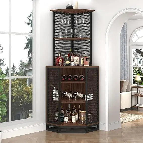 Tall corner bar cabinet large wood and metal liquor with wine rack adjustble shelf storage, - walnut / united states