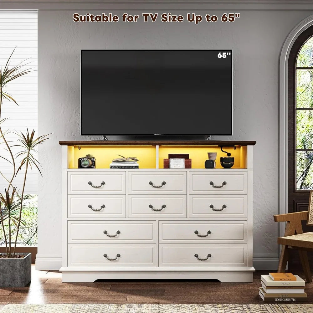 10 drawers dresser for bedroom 55.2’’wide wood white with led & power outlet large space saver chests of c