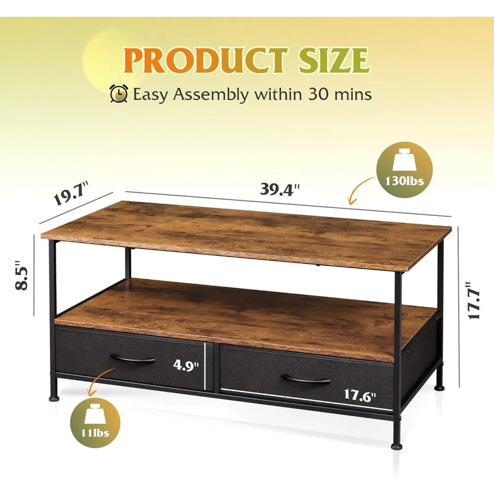 Two-tier wooden storage coffee table with drawers for living room and bedroom - united states / rustic brown