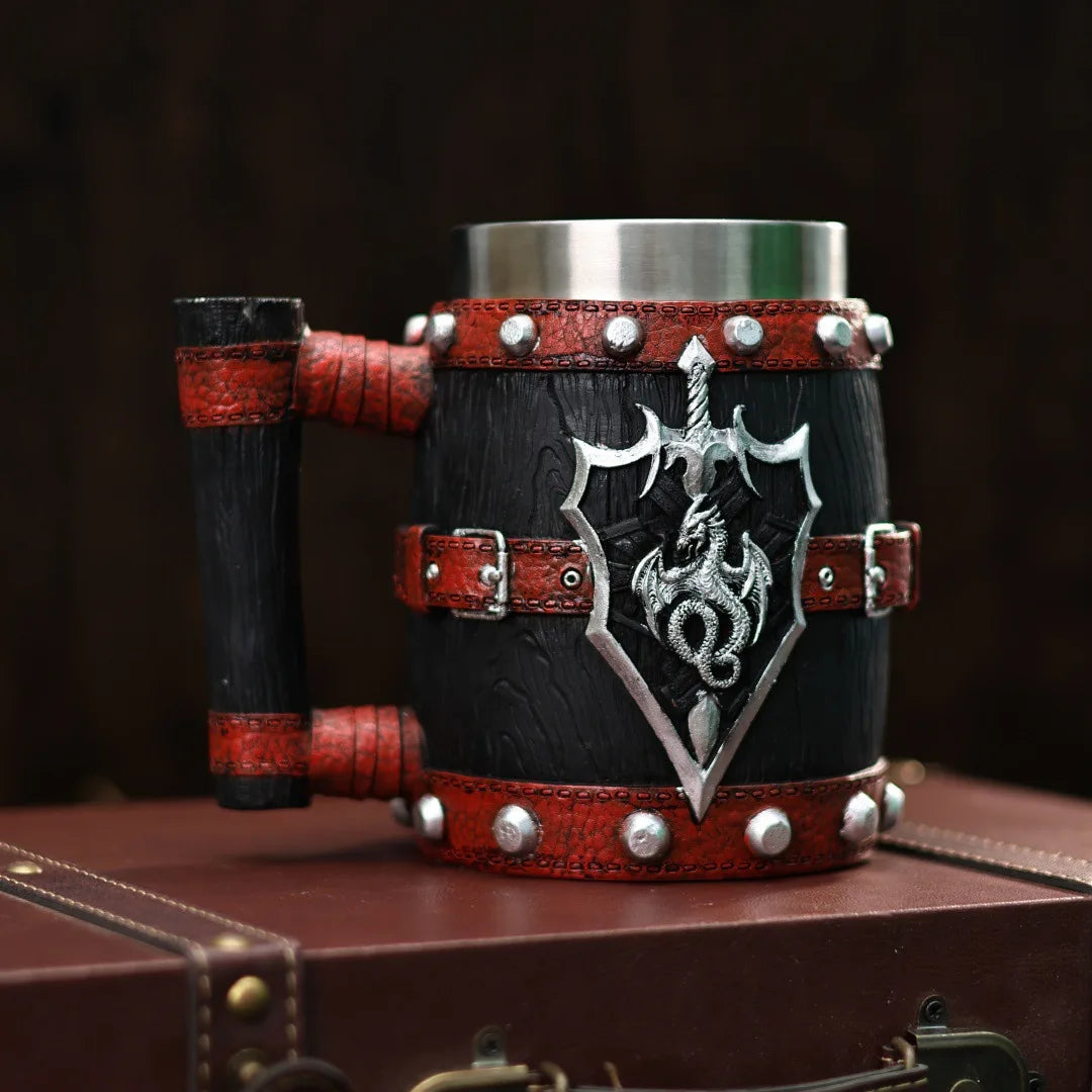 Medieval vintage viking mug dragon sword and shield beer resin stainless steel wooden barrel tankard coffee wine cup