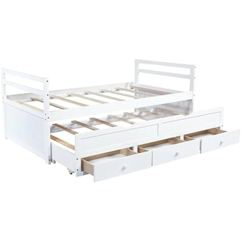 Jyh twin bed with trundle - solid wood daybed frame pull-out & 3 storage drawers headboard and footboard for teens