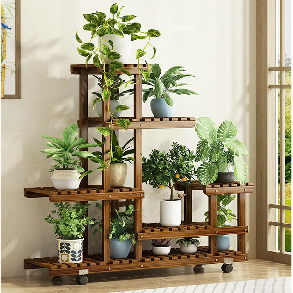Unho wooden plant stand with wheels multi-layer rolling flower display shelf indoor movable storage rack holder outdoor