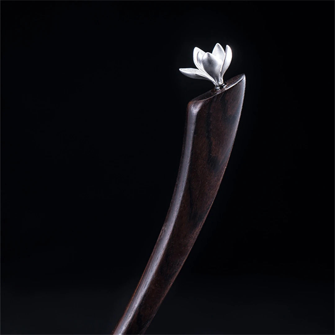 New 100% s925 pure silver women’s men retro hairpin ebony wood magnolia blossom chinese style hanfu hair accessories