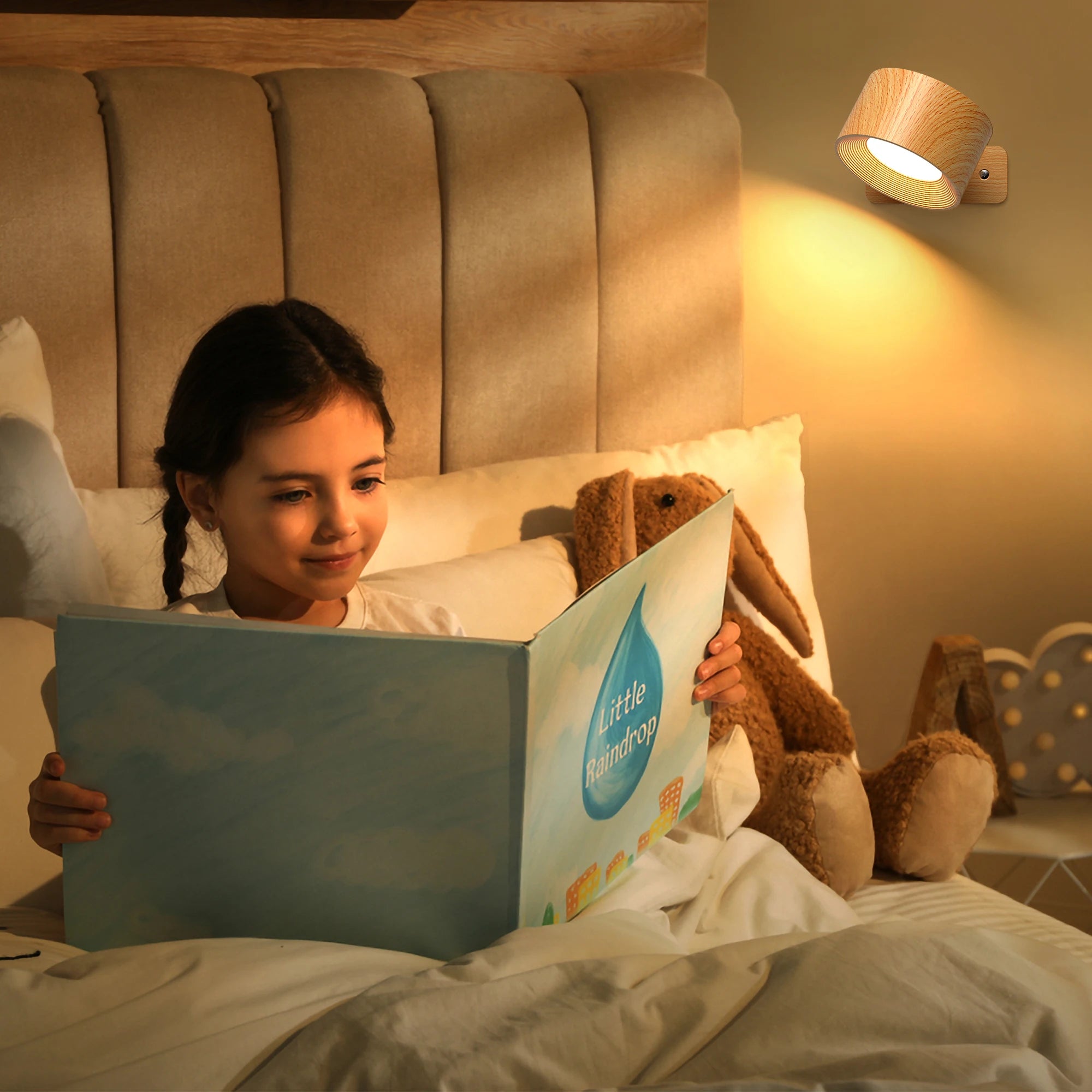 Wooden led wall sconce 360° rotatable dimmable ，magnetic touch control， rechargeable battery operated magnetic night