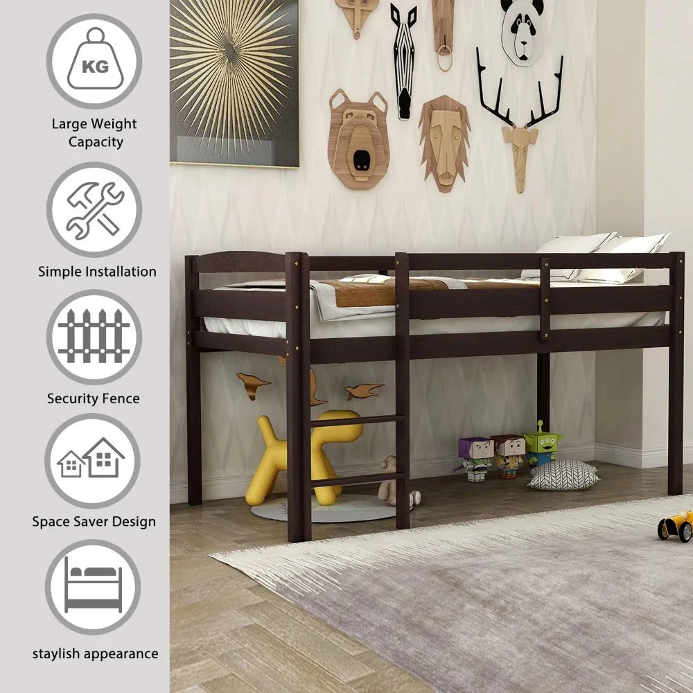 Merax kids wood low loft bed with full length guardrail bunk for juniors no box spring needed espresso