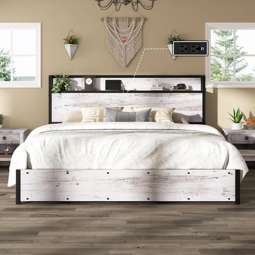 King size wooden bed frame with lift-up storage and charging station platform without spring box - united states