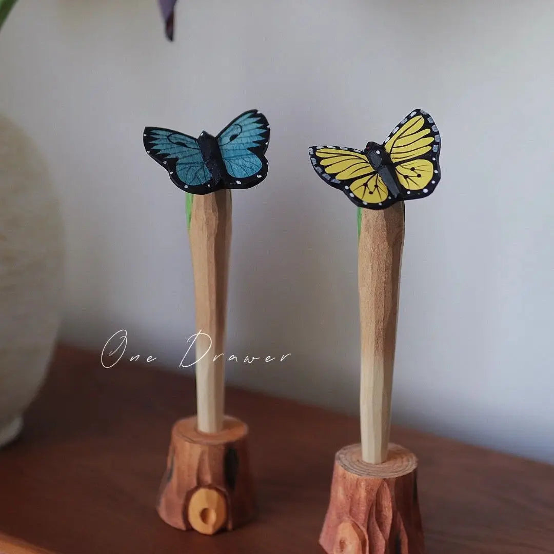 Dual-purpose vintage butterfly wood art pen，writable & display sculpture，handcrafted solid creative gift - decorative