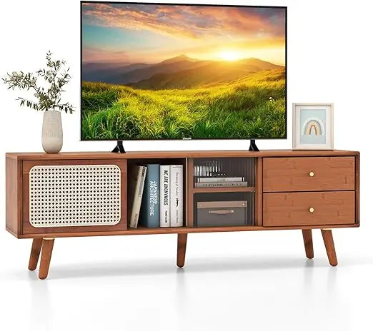 Mid century modern bamboo tv stand with glass and rattan sliding doors for tvs up to 65’’ - natural / united states