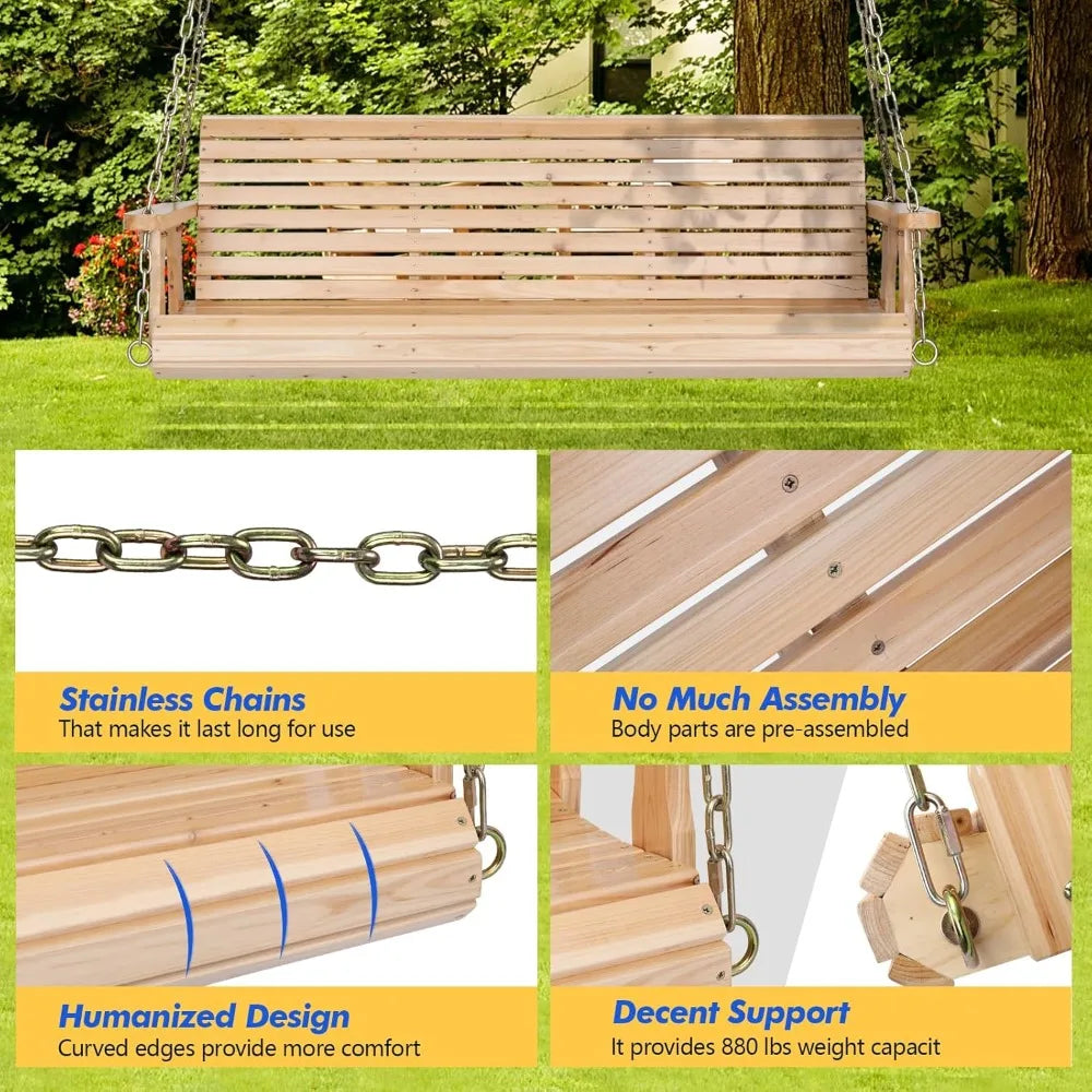Enhanced outdoor wooden swing bench for patio and garden durable 880 lbs capacity hanging seat with chains