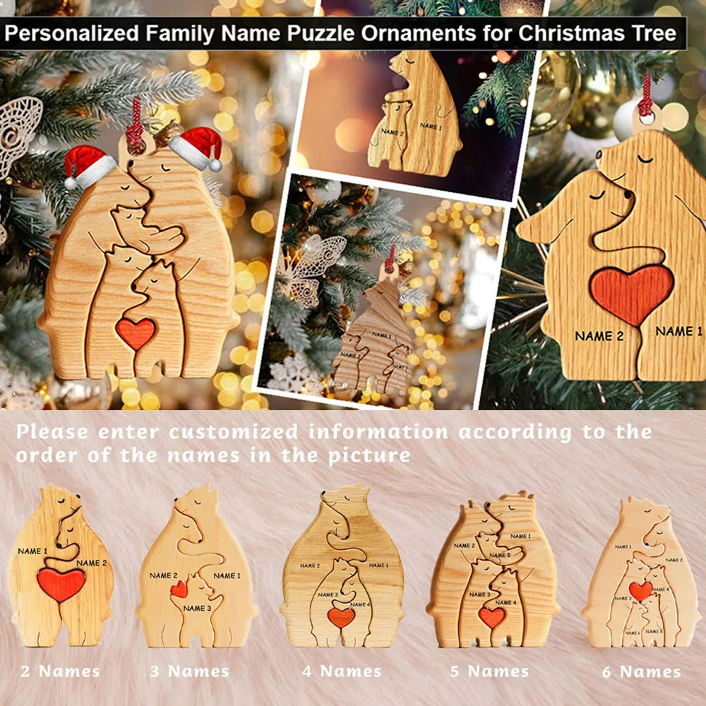Personalized custom bear family wooden puzzle diy free engraving name sculpture home deskdecor figurines christmas