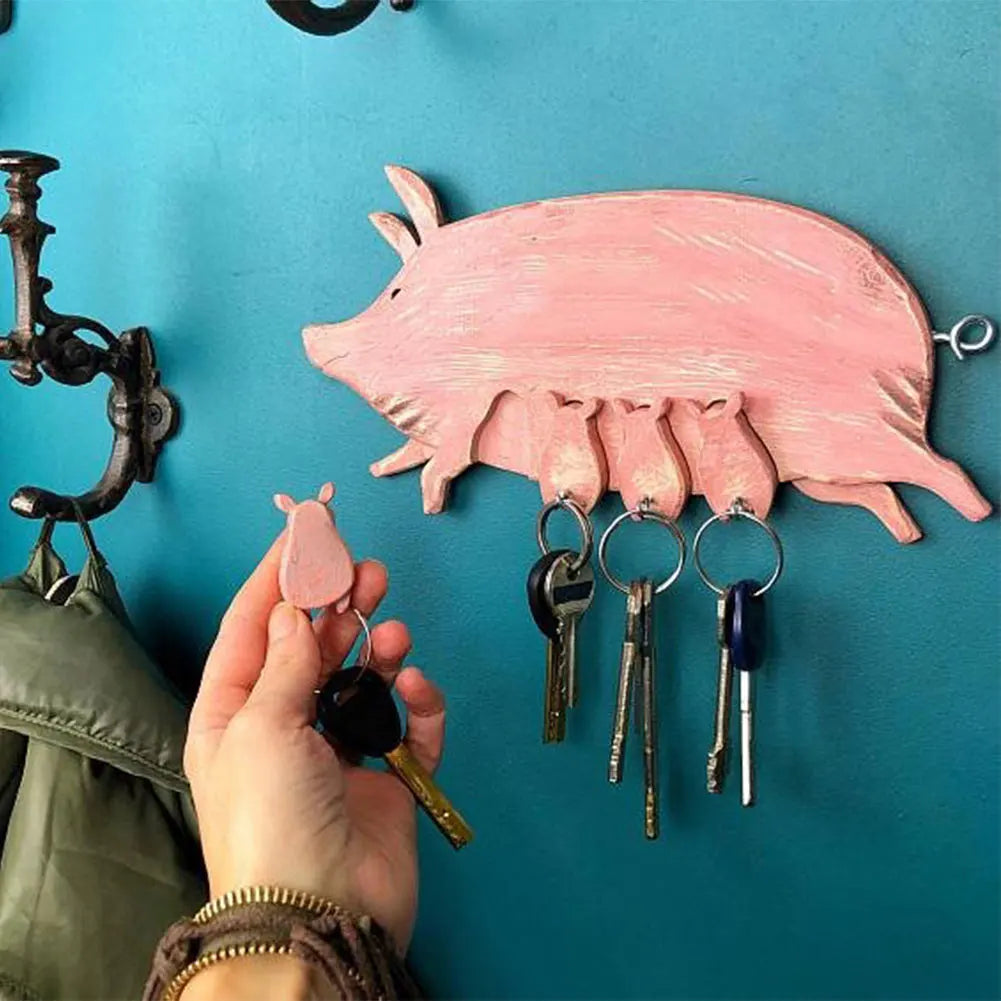 Piggy key ring wooden hanging board decorative chain pendant creative pig wall hook for home decoration