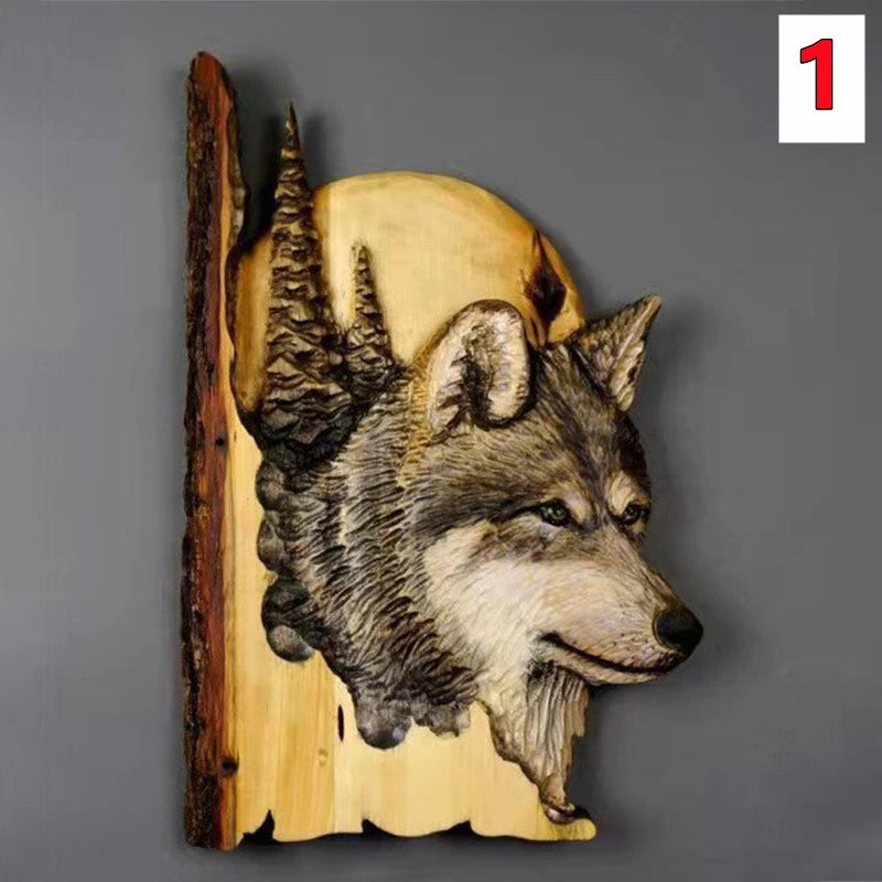 Animal carving handcraft wall hanging sculpture wooden raccoon bear deer fox wolf hand drawn decoration home living