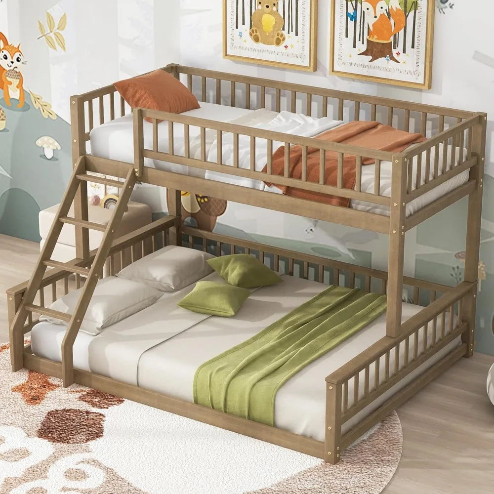 Twin xl over queen floor bunk bed kids brown wood frame with ladder & guardrails space saving teens youths beds