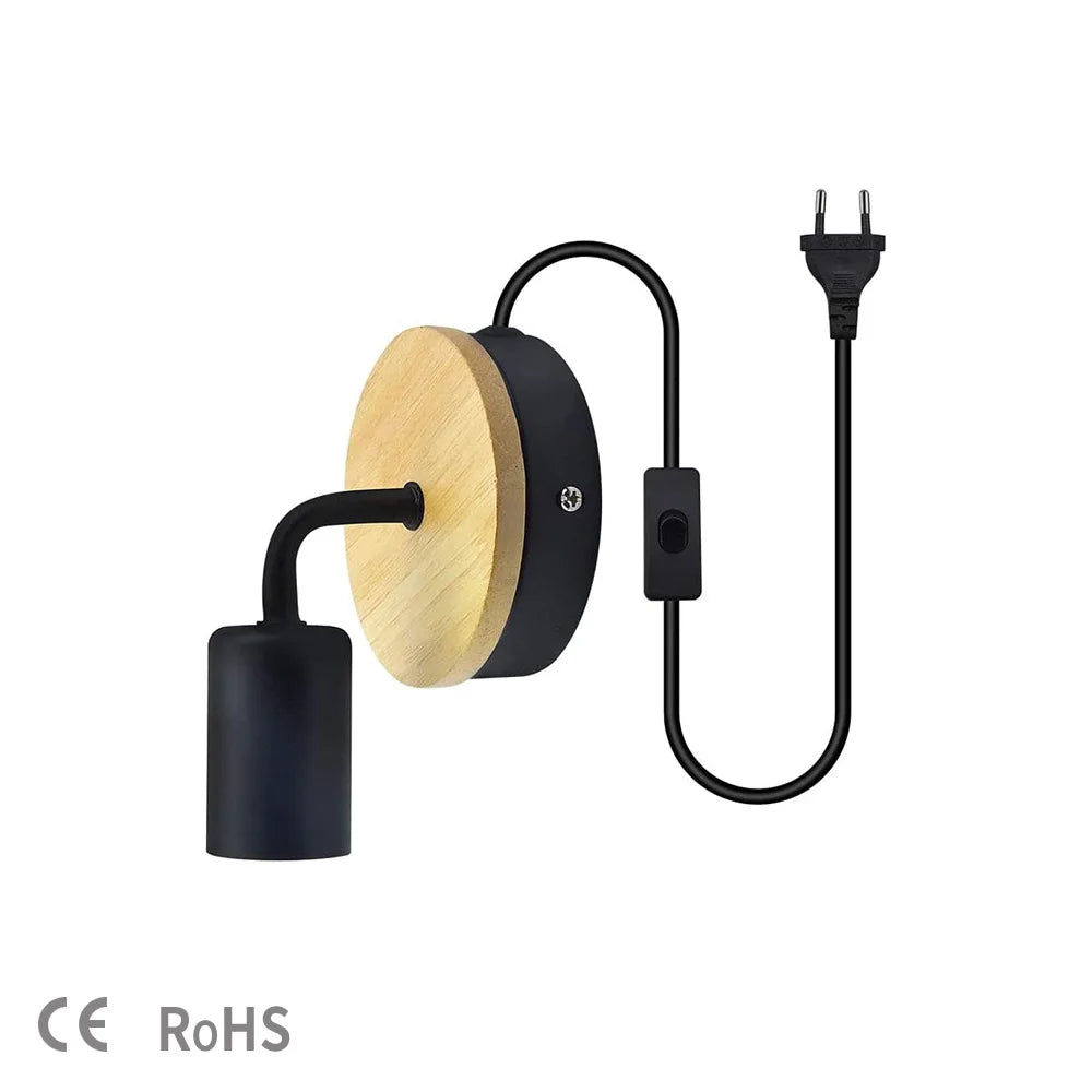 1.8m modern simple iron art wall light fixture e27 with eu plug wood bedside lamp for bedroom living room stair aisle