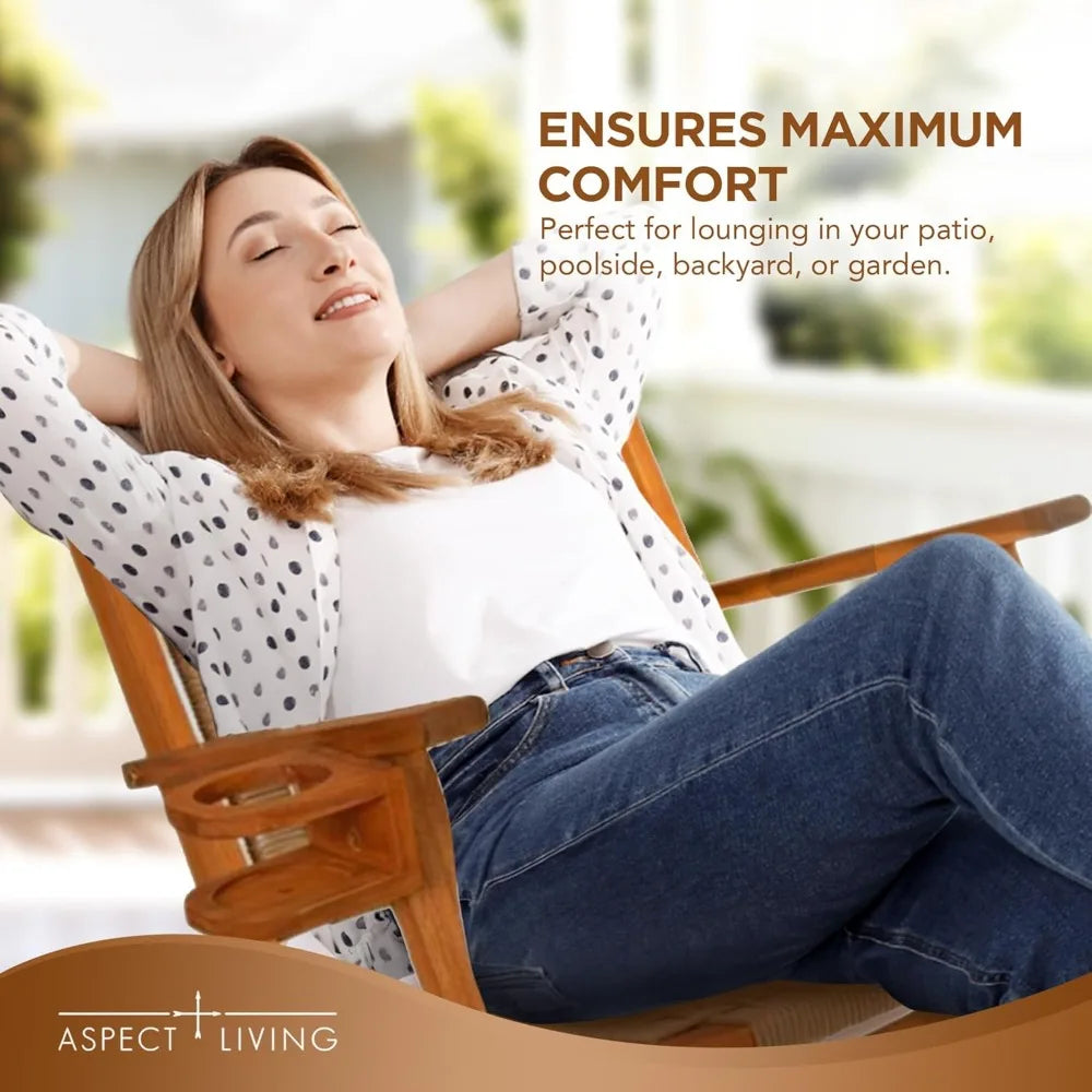 Natural finish wooden rocking chair with beverage holder for outdoor use: ideal patio poolside backyard and garden