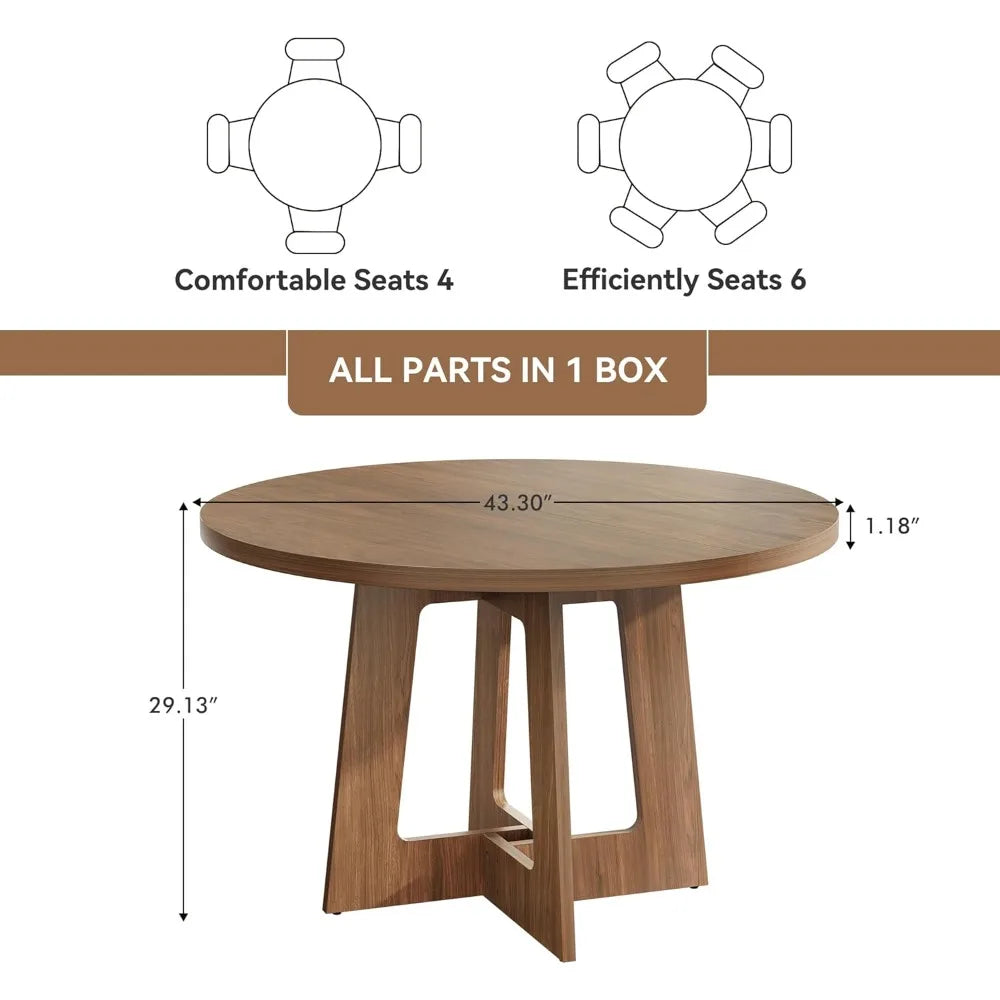 Wooden round dining table for 4 farmhouse style circle home and living room - united states / walnut brown