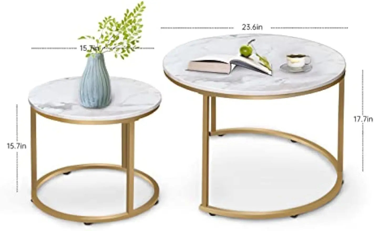 Coffee table nesting white set of 2 side golden frame circular round and marble pattern wooden tables living room