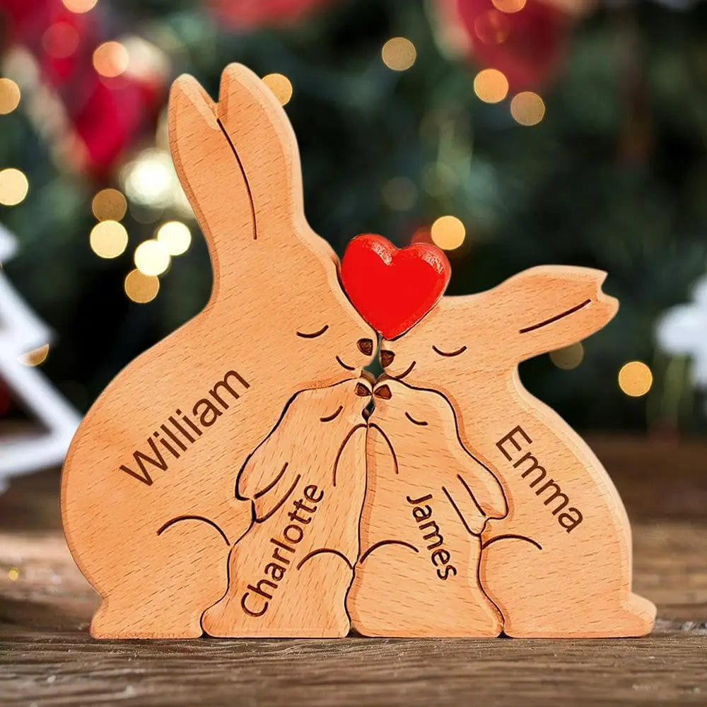 Personalized wooden bunny puzzle family name custom sculpture gift for christmas unique decor mom - decorative