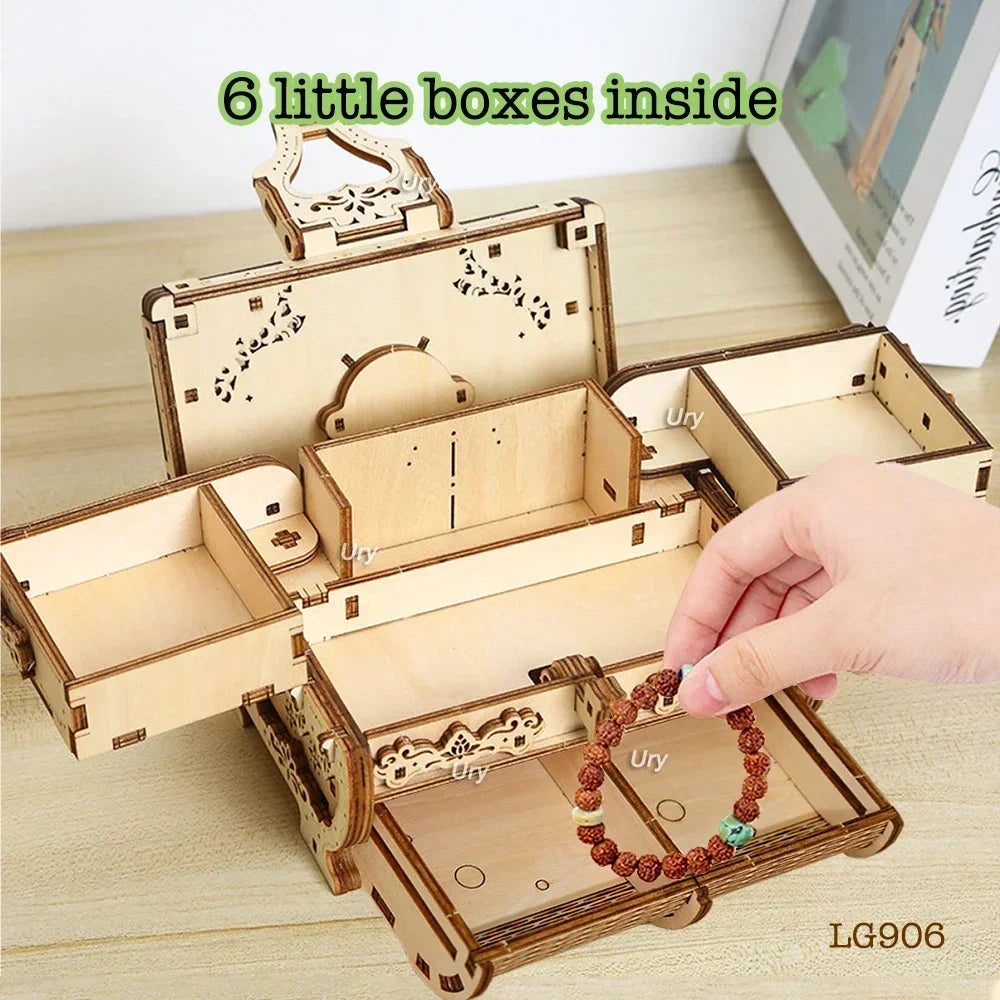 Ury 3d wooden puzzle antique treasure box dressing case diy game advanced assembly model toys creative gift for lady