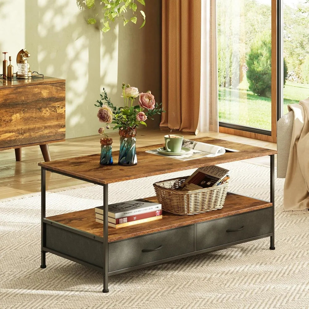 Two-tier wooden storage coffee table with drawers for living room and bedroom - united states / rustic brown