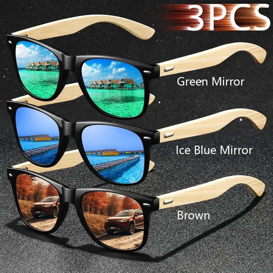 3pcs fashion vintage bamboo wood square sunglasses men women fishing driving man luxury brand designer sun glasses