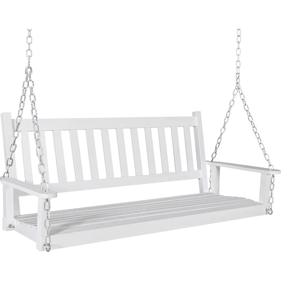 Outdoor patio hanging wooden porch swing 5ft with chains 3person heavy duty bench for gardend backyard white - united