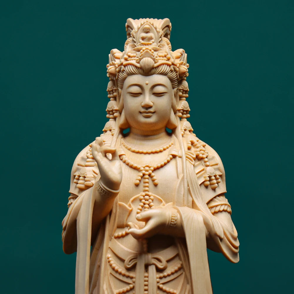 Hand carved hinoki wood standing guanyin kuan yin bodhisattva statue figurine w/ vase lotus base - spiritual temple