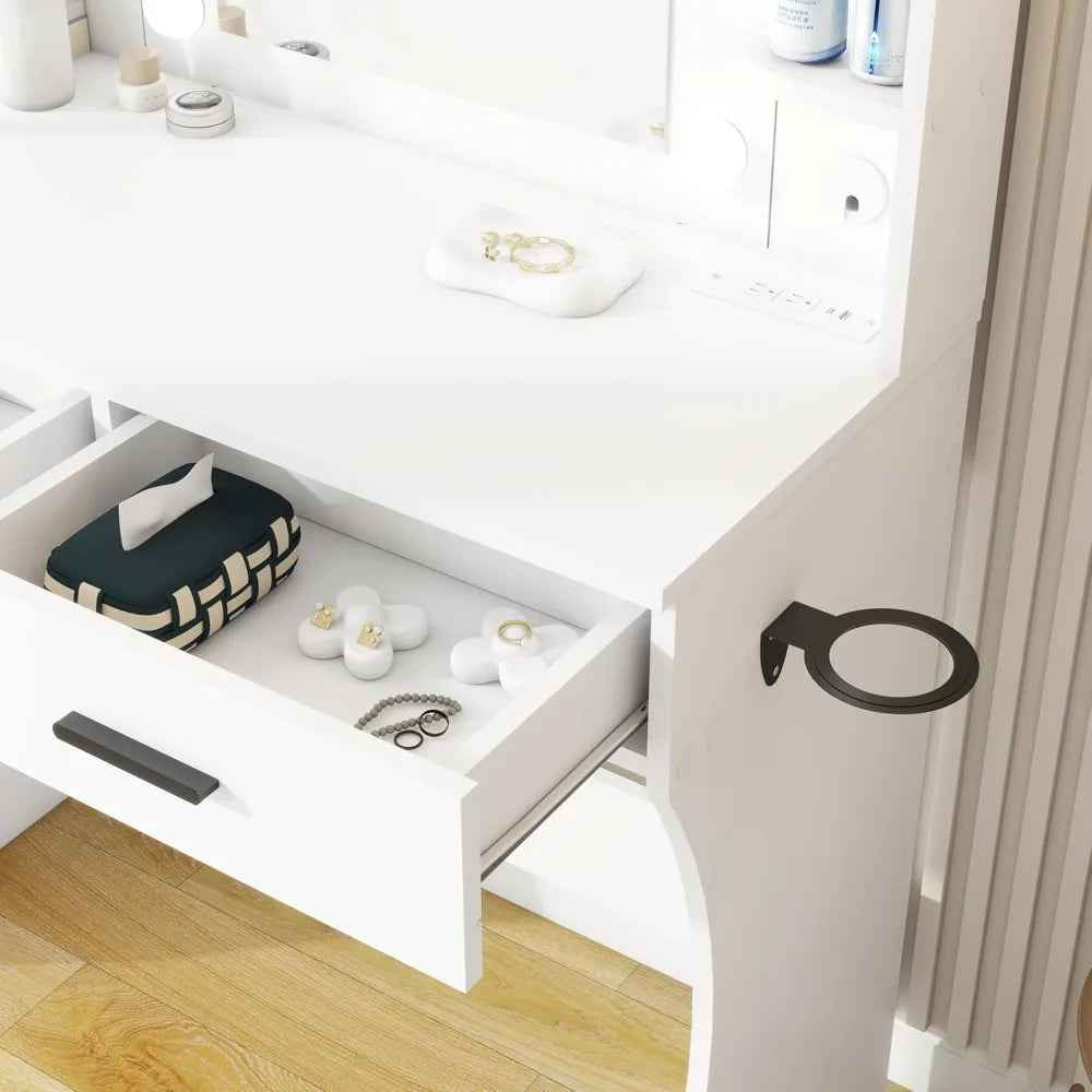 Vanity desk set with mirror led lights and power outlet makeup table 2 large drawers round holder dressing