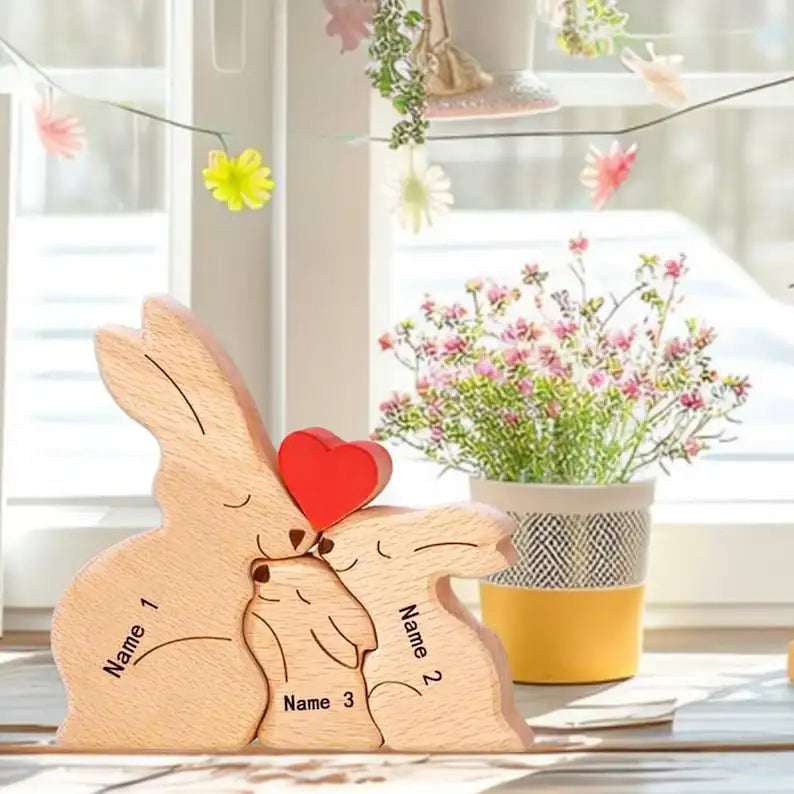 Personalized wooden bunny puzzle family name custom sculpture gift for christmas unique decor mom - 3 rabbits