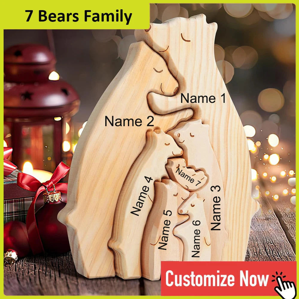 Personalized custom bear family wooden puzzle diy free engraving name sculpture home deskdecor figurines christmas