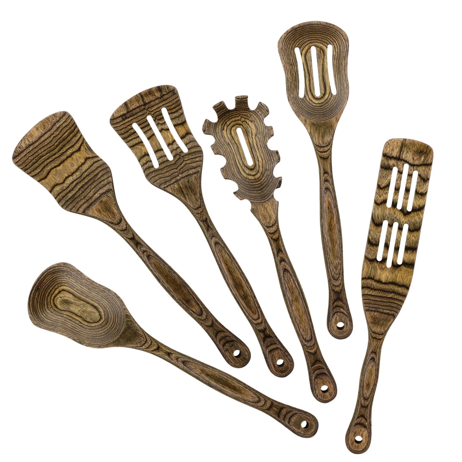 6pcs kitchen utensils set wooden pakkawood cooking spoon slotted spatula cookware turner utensil tools - black / united