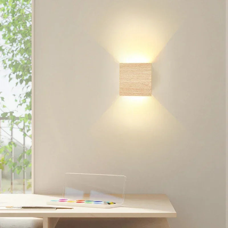 Nordic led wall lamp minimalist water transfer wood grain square sconce for bedroom bedside hallway decor light fixtures