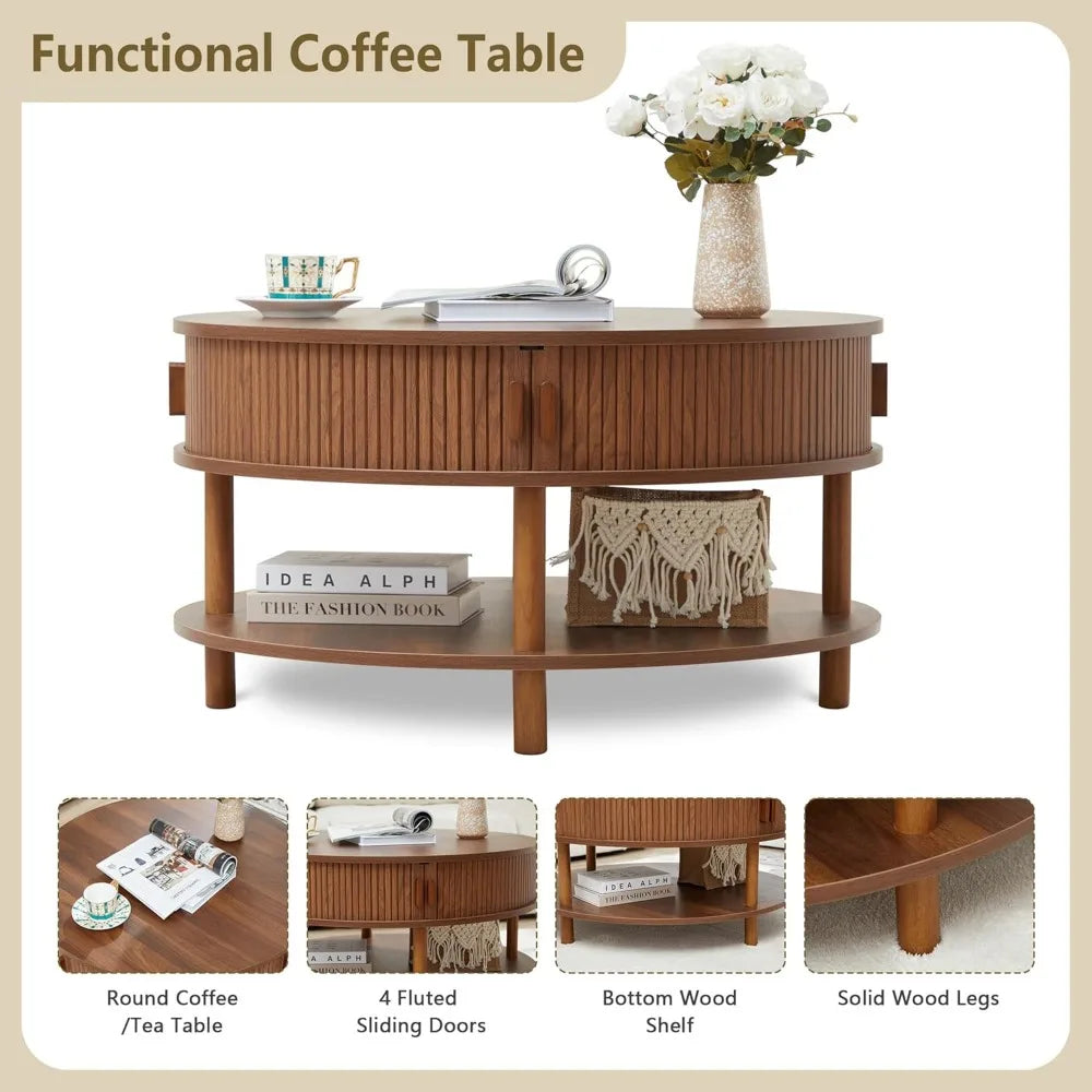 31.5’’ round coffee table with storage wood circle sliding cabinet doors fluted dining accent