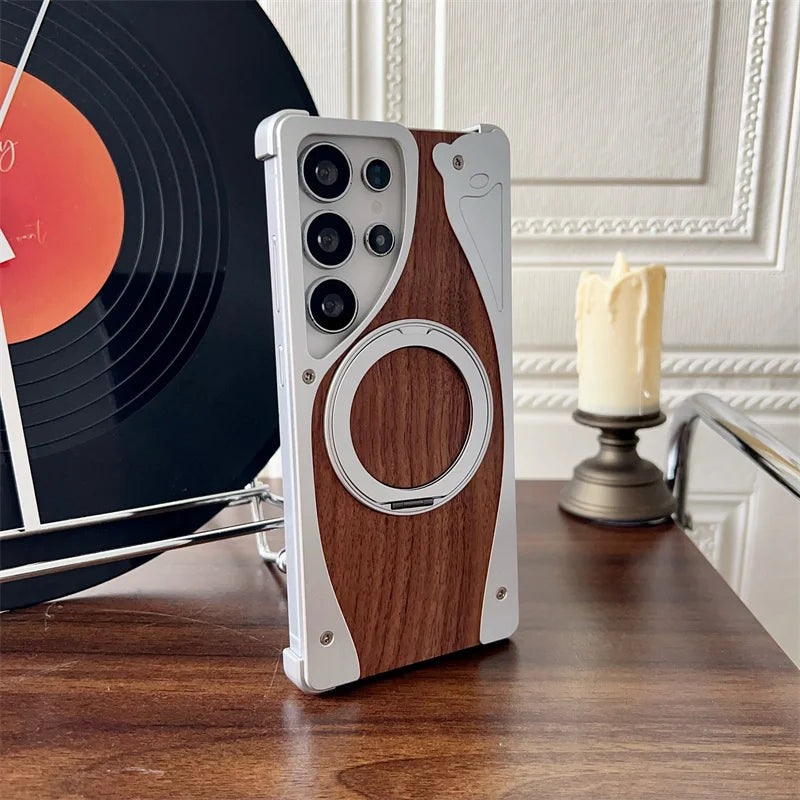 For samsung galaxy s23 s22 s24 s25 ultra walnut wood metal borderless armor case 360° rotating magnetic bracket