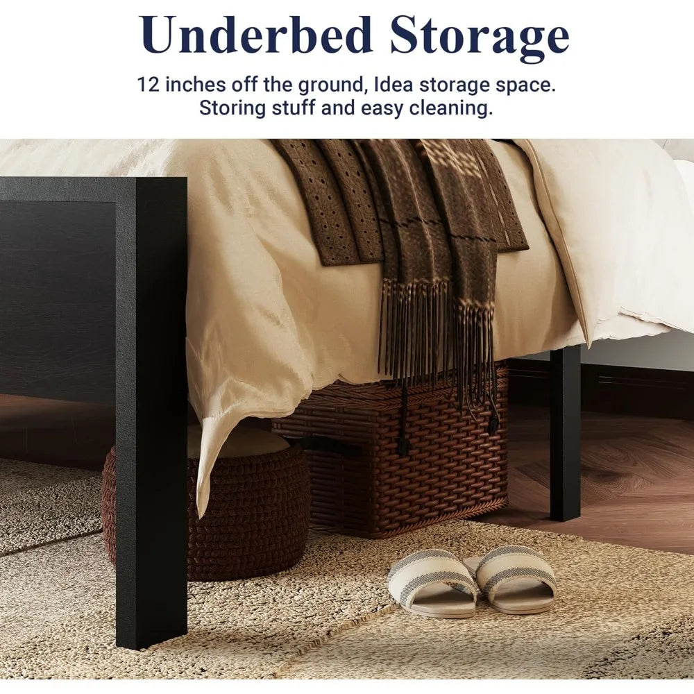 Platform bed frame with wooden headboard and footboard heavy duty 12 metal slats support,no box spring needed,under-bed