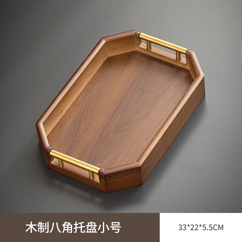 Large size rectangular bamboo wood tea tray display plate walnut color set cup storage handle home use japanese sle