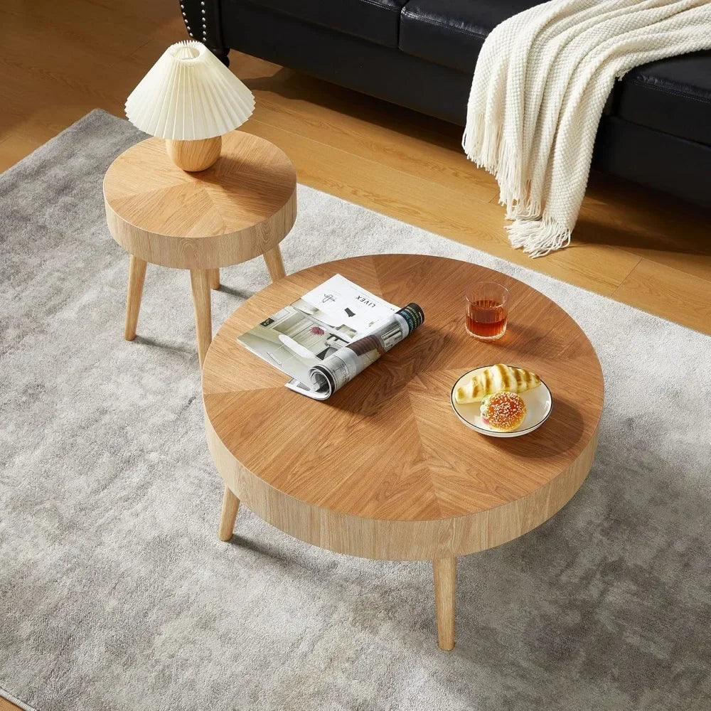 Nesting round coffee table set of 2 farmhouse modern natural wood tables boho side end