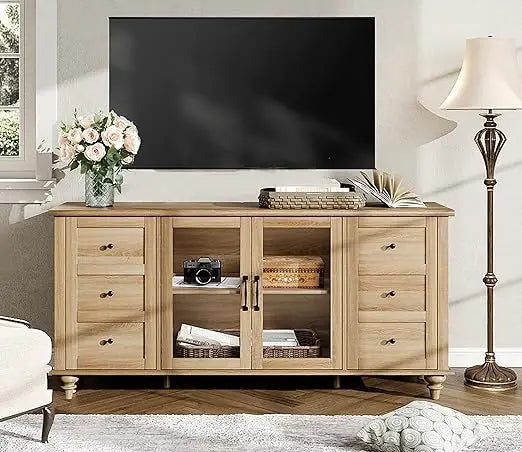 Glass door farmhouse tv stand for tvs up to 75 inch wood universal console table with 4 storage cabinets entertainment