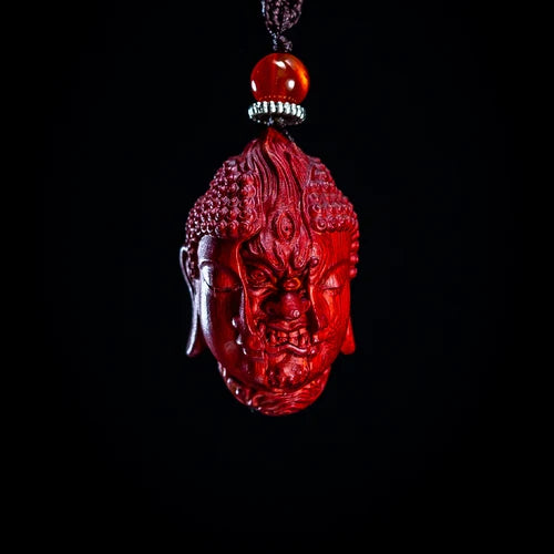 Hand carved wooden buddha demon head duality pendant charm keychain spiritual art figurine ornament car bag hanging