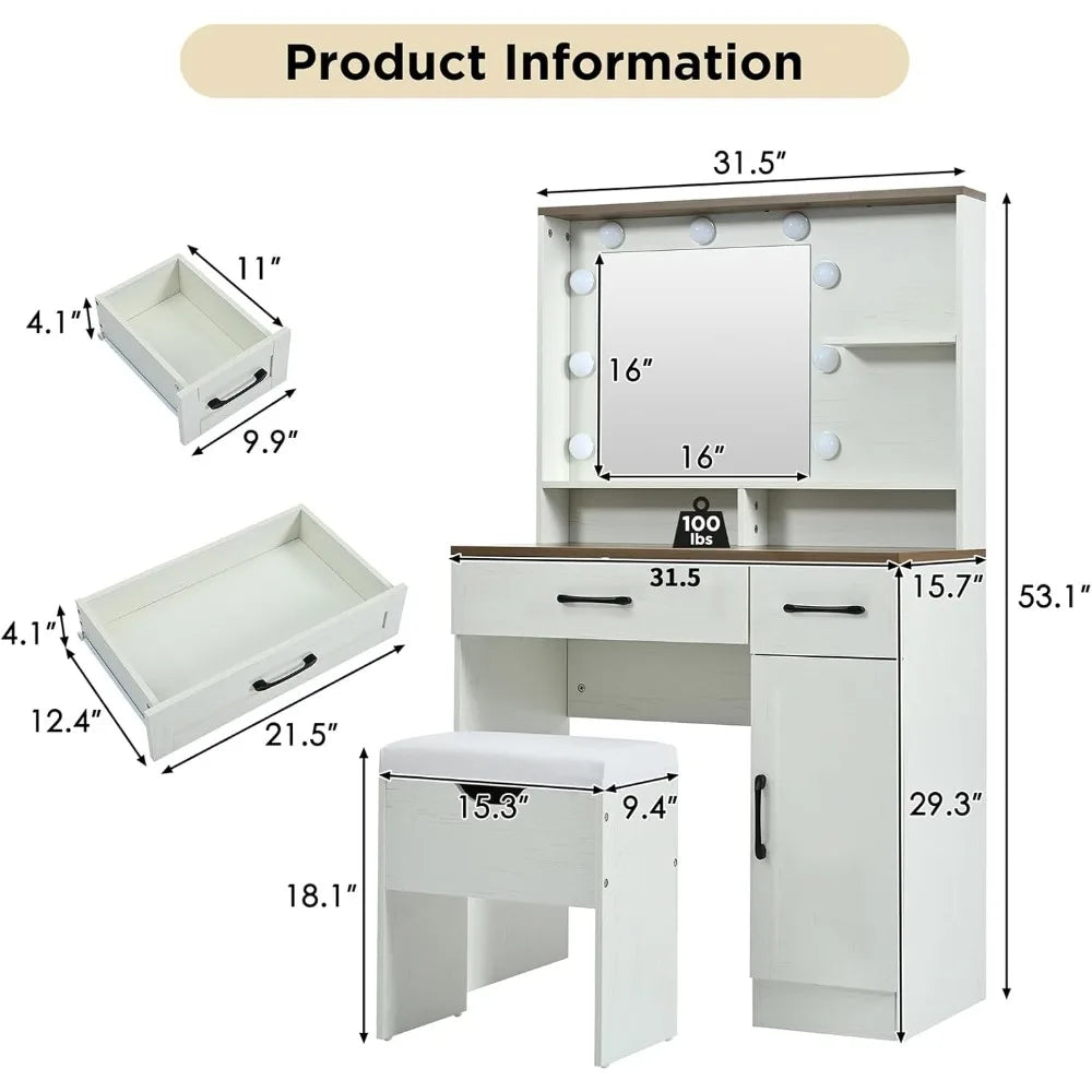 31.5’’ makeup vanity desk with mirror and lights 3 lighting modes set stool dressing table adjustable shelves - united
