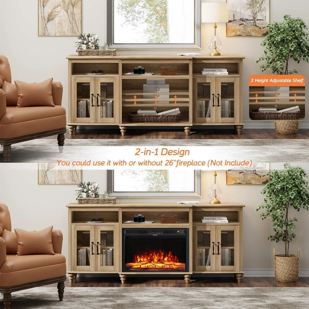 Farmhouse tv stand for tvs up to 75 inch 4-door glass and wood universal console with 9 storage cabinets oak enterta