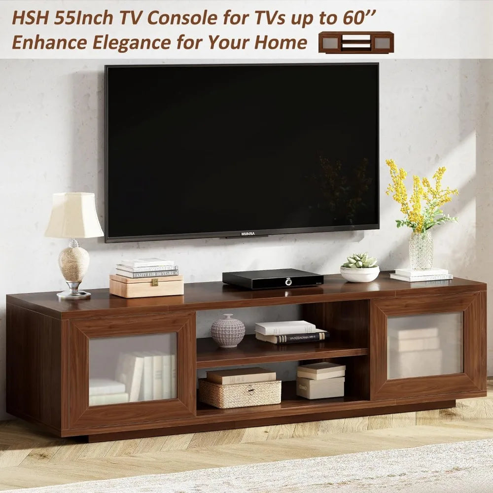 55 inch walnut tv stand for 60 tvs entertainment center with storage and sliding doors farmhouse wood - united states