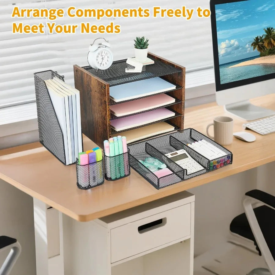 Wood desk organizers and accessories with file organizer 5-tier paper drawer pen holder for efficient office wor