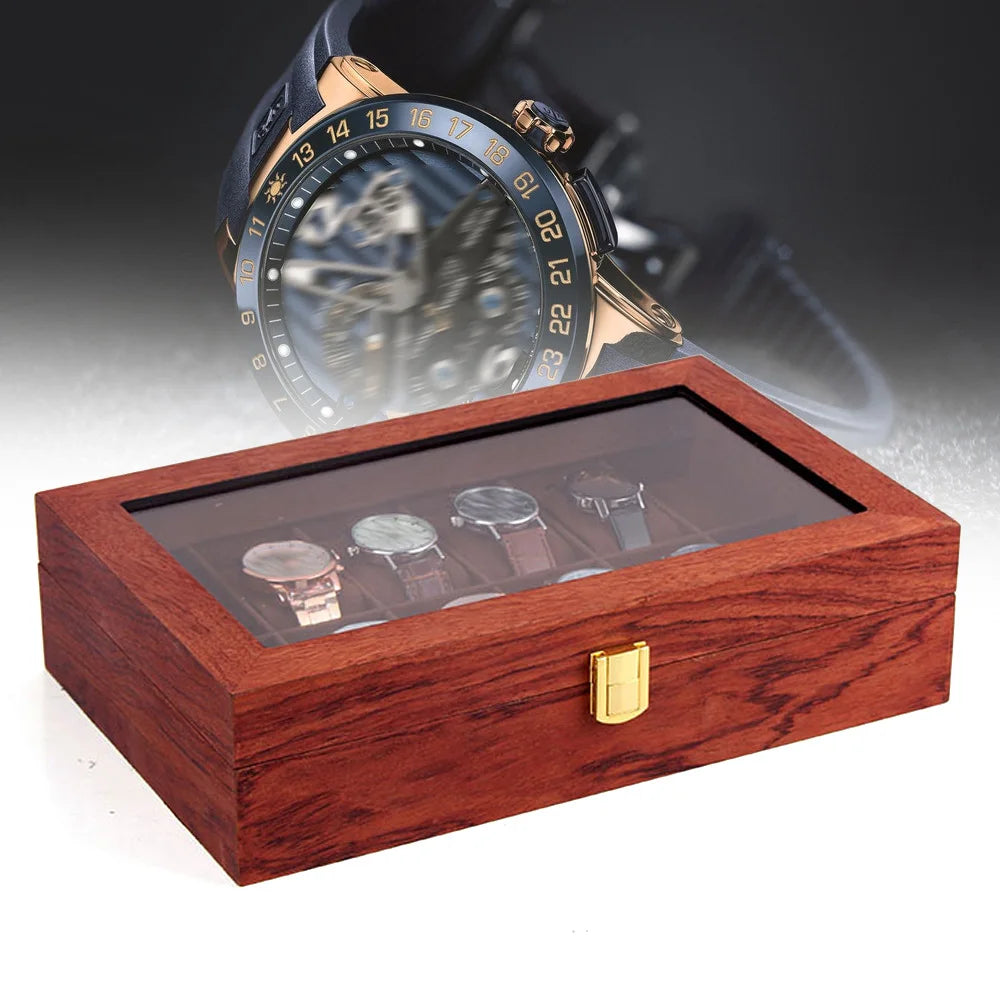 Wooden watch storage box with 12 slots rosewood grain finish soft velvet cloth lining perfect display case for watches