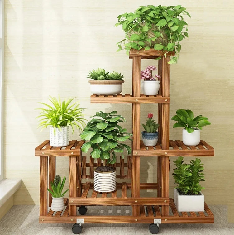 6 tier wood plant stand vertical carbonized multiple holder indoor outdoor patio - brown / united states