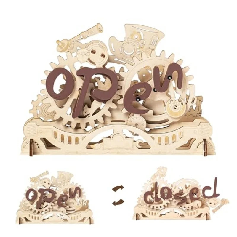 Robotime 3d wooden model kits open closed sign mechanical puzzle creative gift for business and shop adults - white