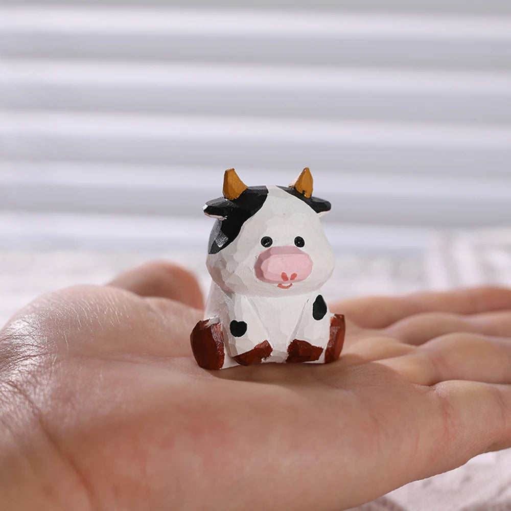 Handcrafted wood carving cow statue cute little figurines desk ornament decorations accessories animal sculpture decor