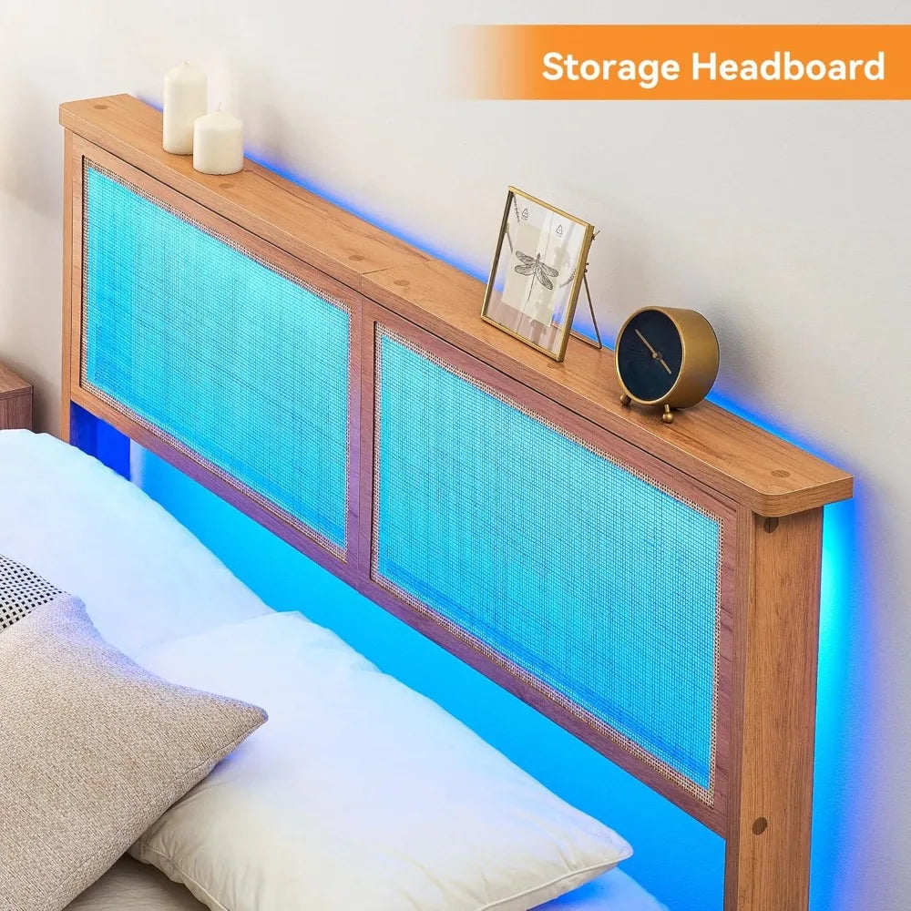 Full bed frame with natural rattan headboard and led lights metal platform strong wooden slats support boho cane - oak