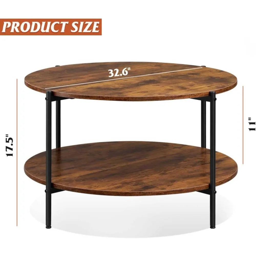 Two-tier circular wood coffee table with storage shelf 32.6 for living room and apartments - rustic brown / united